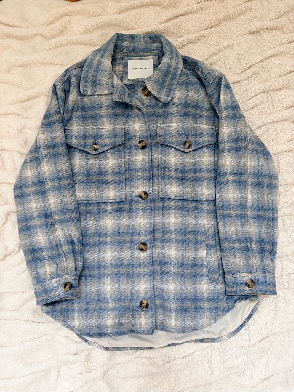American Eagle plaid brushed fleece shacket blue/tan button-up Sz S
